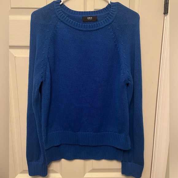 Able Lily Pullover Ribbed Knit Step Hem 100% Organic Cotton Blue Sweater Small - Picture 3 of 8